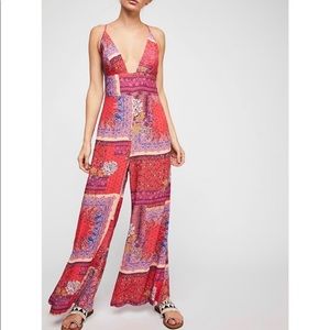 FREE POEOPLE Red Pink Patchwork Jumpsuit Size 6